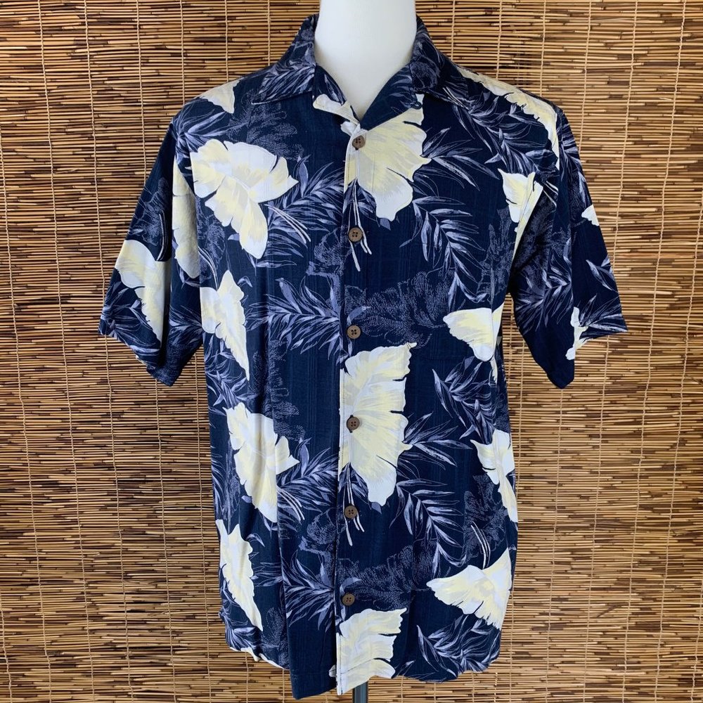 Vtg Palm Island Blue White Palm Fronds Short Sleeve Hawaiian Camp Shirt Size M